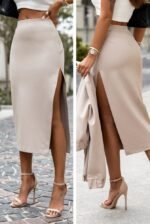 Hautnaher Midirock - Abendrock mit Schlitz - Beige Gr. M/L