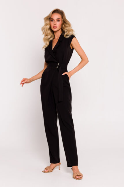 Schwarzer ärmelloser Damenoverall im asymmetrischen Design
