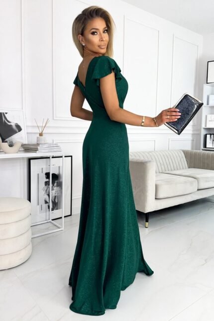 Grünes schimmerndes Kurzarm Abendkleid mit Schlitz