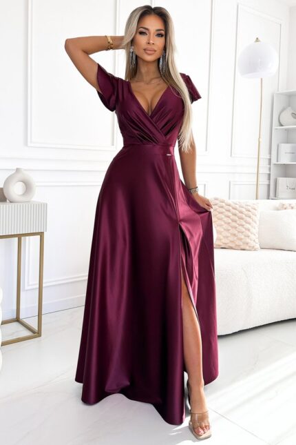 Elegantes Langes Satin Abendkleid - Kastanie