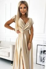 Langes Satin Abendkleid Gold-Beige