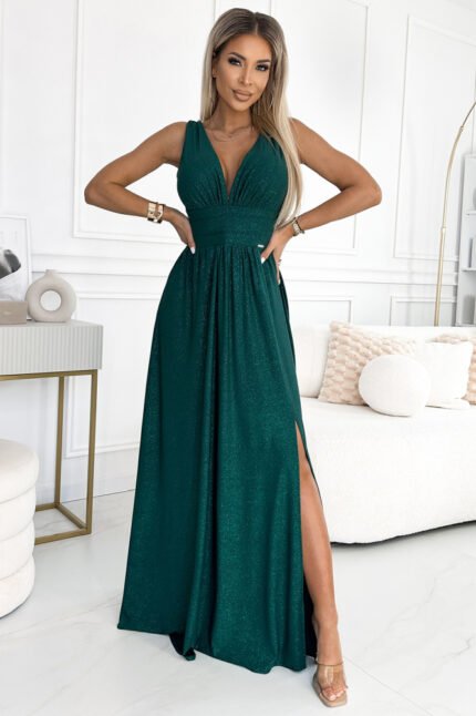 Grünes langes Abendkleid aus Brokat mit breiten Trägern