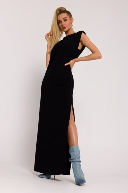 Schwarzes elegantes Maxikleid mit Schulterpolstern