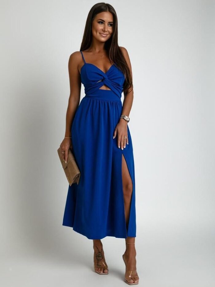 Blaues Sommerkleid in Midilänge mit Cutout – Bild 3