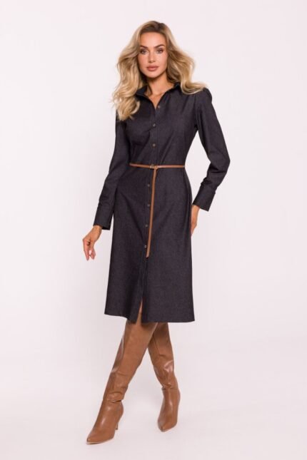Dunkelgraues Hemdblusenkleid mit schmalem Gürtel