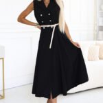 Schwarzes Midikleid mit Reverskragen - 596