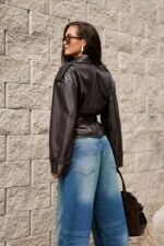 Chice und elegante Damen Lederjacke Anthrazit mit Bindegürtel