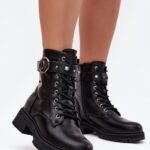 Schwarze Damen Worker Boots Kunstleder