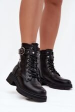 Schwarze Damen Worker Boots Kunstleder