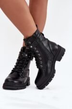 Schwarze Damen Worker Boots Kunstleder mit Profilsohle und seitlichem Reissverschluss