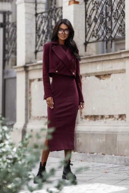 Bordeaux Kleid mit Kurzblazer Set